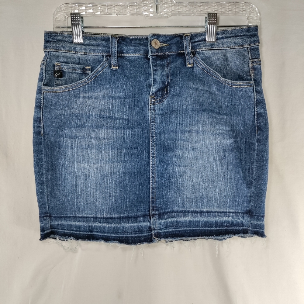 KanCan Denim Jean Mini Skirt Sz 3/25 Raw Hem Distressed Stretchy Dark Blue Wash